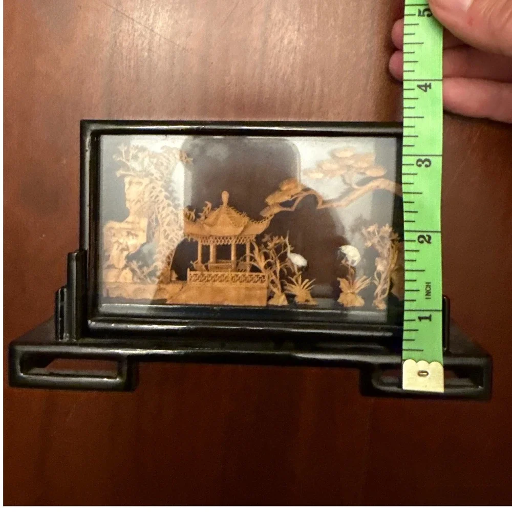 Vintage Chinese art cork diorama pagoda cranes glass lacquer‎ #213